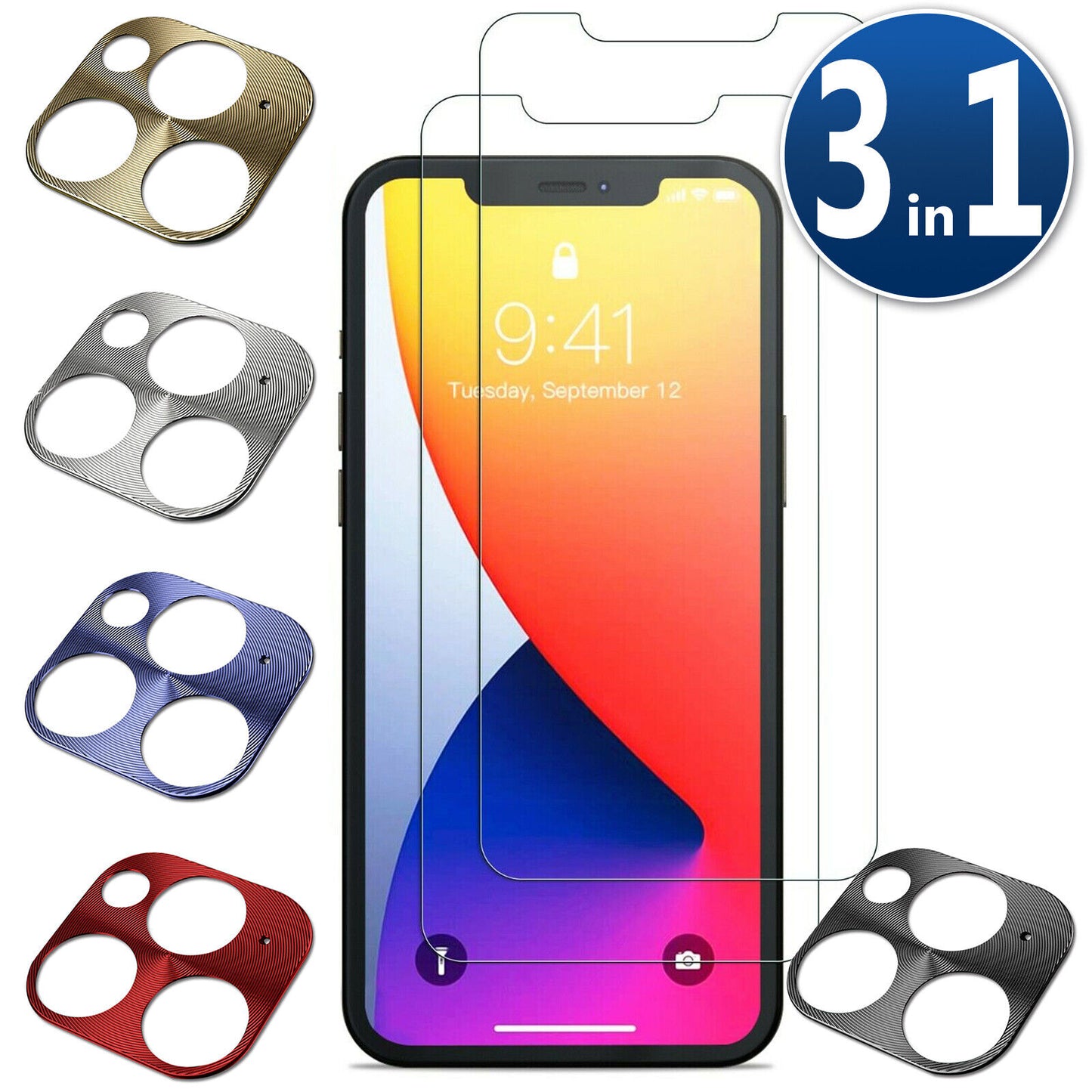 3in1 iPhone 12 11 Mini Pro Max Metall Kameraschutz + 2x Panzer Schutz Glas Folie