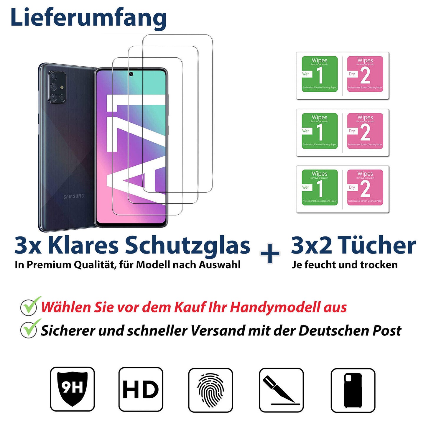 3x Panzerfolie Samsung Galaxy S23 S22 S21 A52 A12 A54 5G A51 Glas Schutz Folie