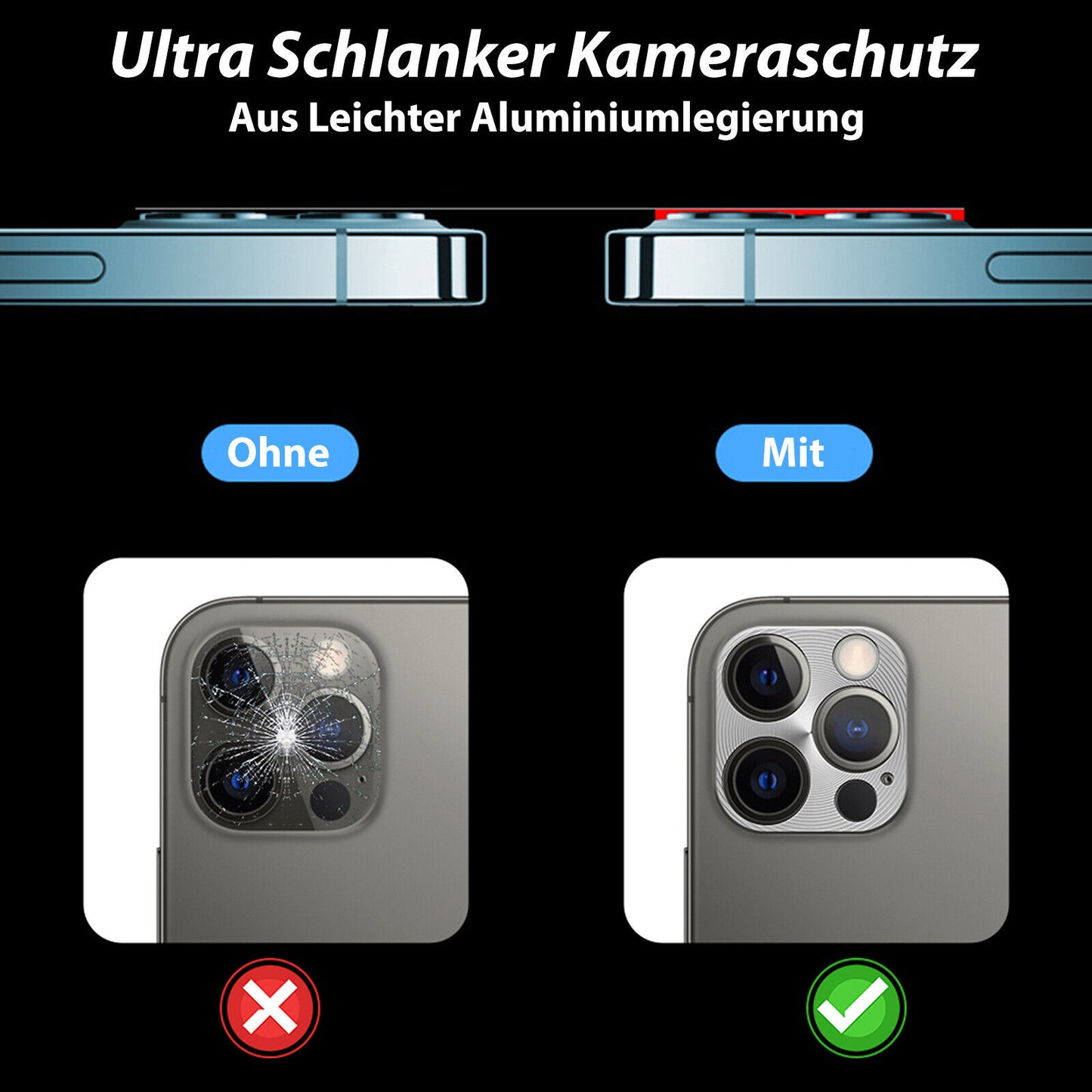 iPhone 11 12 Pro Max Mini Kamera Schutz Linsen Schutz aus Metall im Titan look