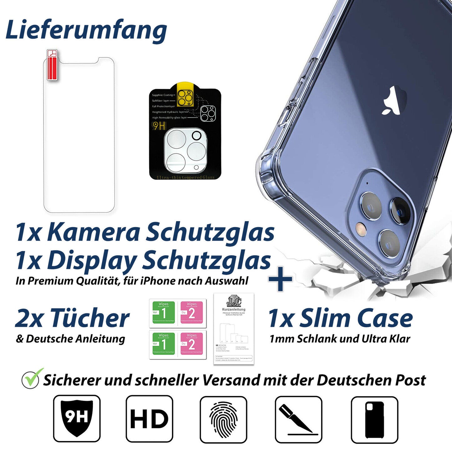 3in1 iPhone 11 12 13 Mini Pro Max 9H Display + Kamera Schutz Glas & Hülle Bumper