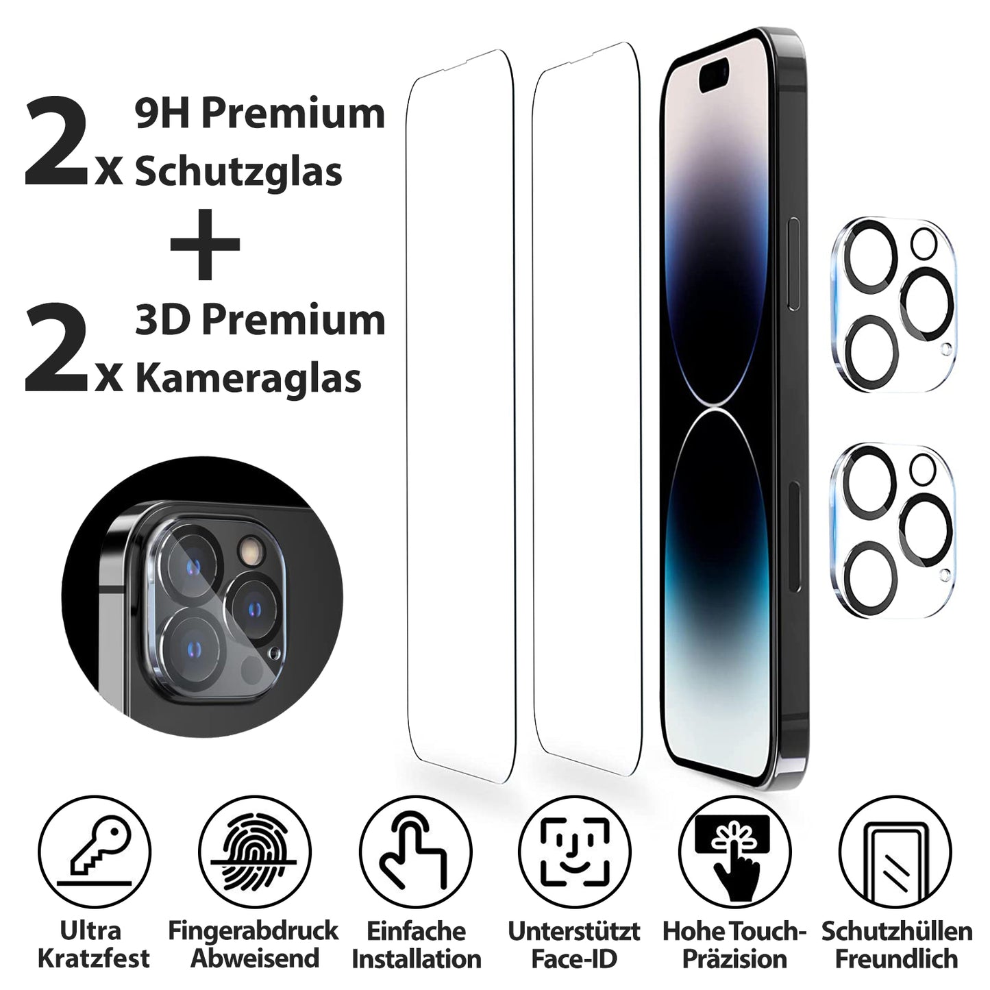 2x Display Schutzglas + 2 x Kameraschutz für iPhone 11 - 16 Pro Max