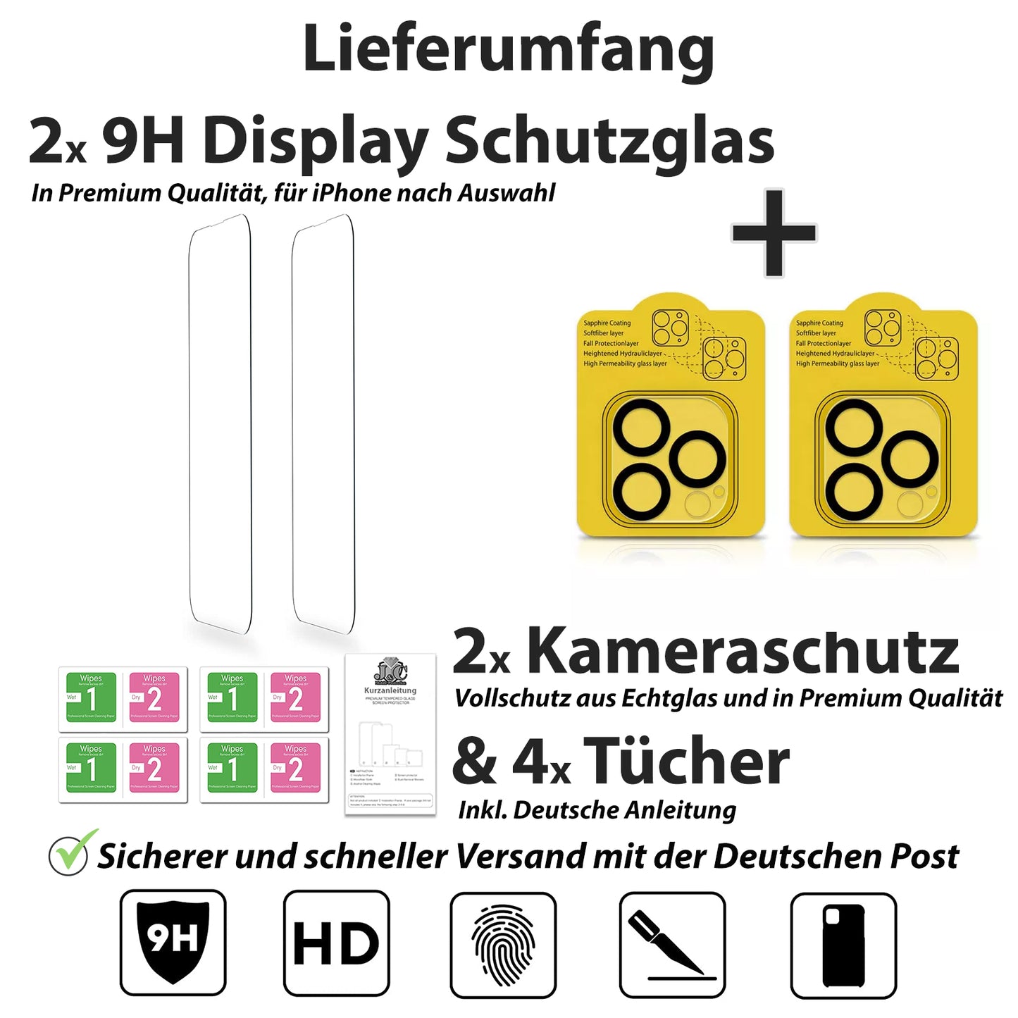 2x Display Schutzglas + 2 x Kameraschutz für iPhone 11 - 16 Pro Max