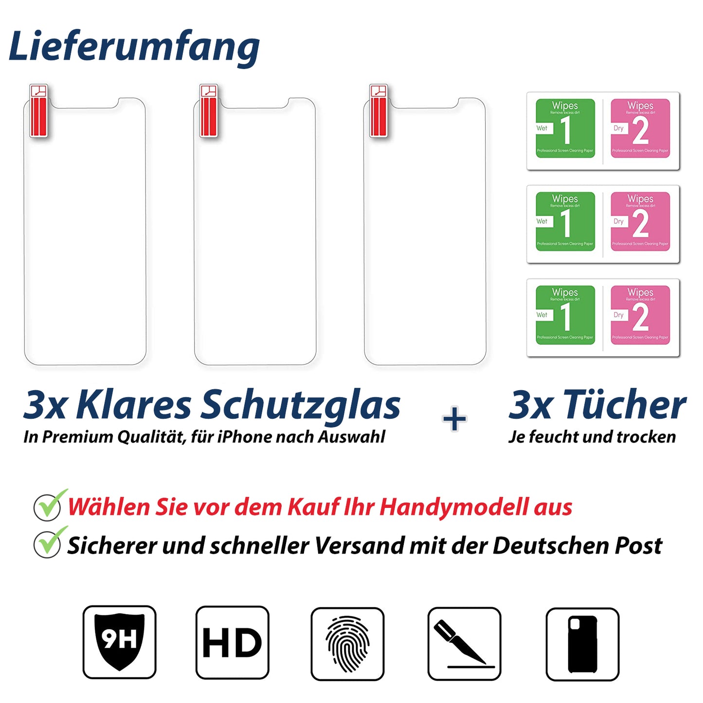 3x Echt Glas für iPhone 16 15 14 13 12 11 XR X 8 Pro Max Mini Panzerfolie Schutz